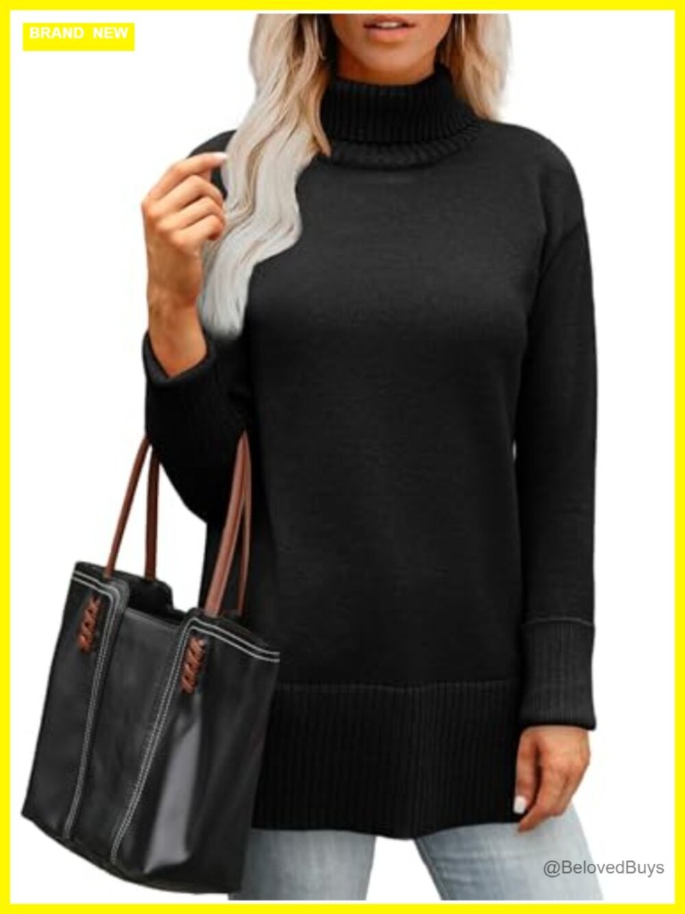 Turtleneck Side Split Oversized Pullover Sweater Tunic